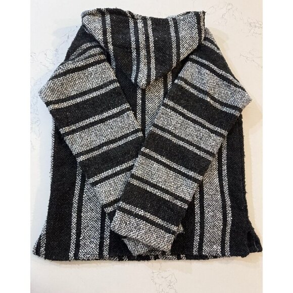 Mexican Poncho Small Baja Woven Blanket Jacket Hippie Pullover Black White - Picture 7 of 12